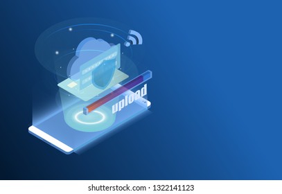 Smartphone Touchscreen mobile phone glows and Progress upload Personal data protection. Cyber security. Traffic Encryption, VPN, Antivirus. isometric flat design. Vector illustration.