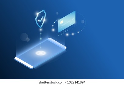 Smartphone Touchscreen mobile phone glows and Progress Personal data protection. Cyber security. Traffic Encryption, VPN, Antivirus. isometric flat design. Vector illustration.