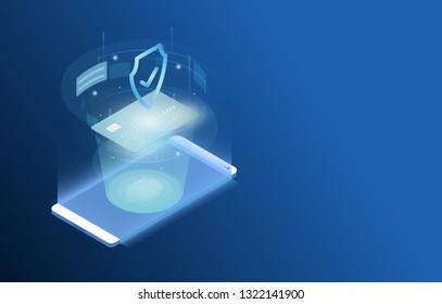 Smartphone Touchscreen mobile phone glows and Progress Personal data protection. Cyber security. Traffic Encryption, VPN, Antivirus. isometric flat design. Vector illustration.