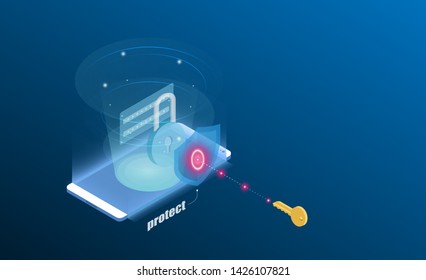 Smartphone Touchscreen mobile phone glows and Protection system. 3d isometric flat design. Vector illustration.