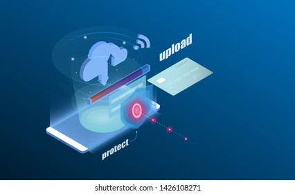 Smartphone Touchscreen mobile phone glows and Progress upload and download data information in cloud storage of corporation network. 3d isometric flat design. Vector illustration.