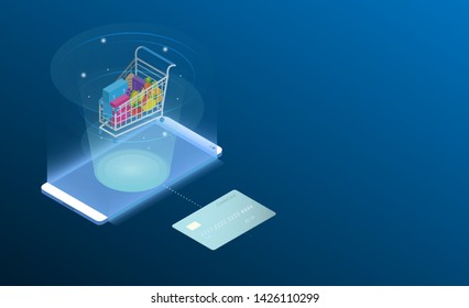 Smartphone Touchscreen mobile phone glows and Online shopping isometric concept. Shopping cart with bags standing upon big mobile phone. 3d isometric flat design.