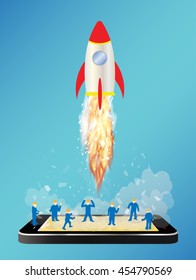 smartphone with toy space rocket launching and mini worker
