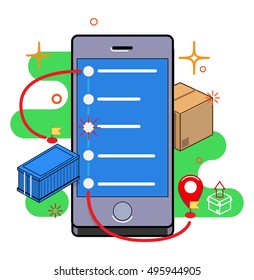 Smartphone tracking post. Parcel tracking worldwide. flat illustration.