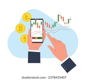 Smartphone trading on stock exchange. Hand hold mobile phone with financial investment application on screen, cryptocurrency coins. Cartoon flat style isolated vector investment concept