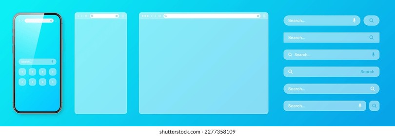 Smartphone, ventana transparente del navegador de Internet con varias plantillas de barra de búsqueda. Motor de sitios Web con cuadro de búsqueda, barra de direcciones y campo de texto. Elementos de interfaz de usuario del sitio web. Ilustración del vector
