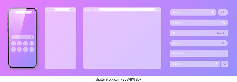 Smartphone, transparentes Internet-Browser-Fenster mit verschiedenen Suchleiste Vorlagen. Website-Engine mit Suchfeld, Adressleiste und Textfeld. UI-Elemente der Website-Benutzeroberfläche. Vektorgrafik
