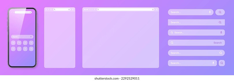 Smartphone, transparent internet browser window with various search bar templates. Web site engine with search box, address bar and text field. Website UI interface elements. Vector illustration