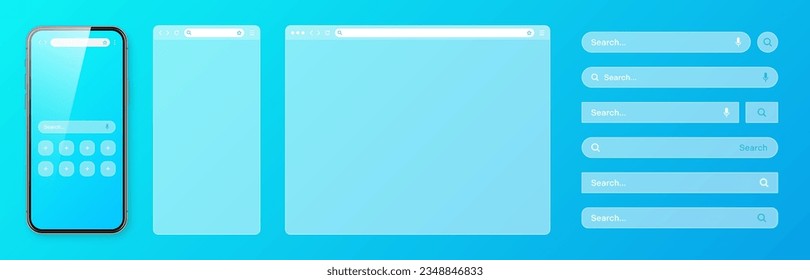 Smartphone, transparent internet browser window with various search bar templates. Web site engine with search box, address bar and text field. Website UI interface elements. Vector illustration