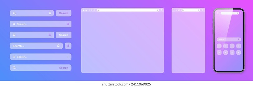 Smartphone, transparent internet browser window with various search bar templates. Web site engine with search box, address bar and text field. Website UI interface elements. Vector illustration