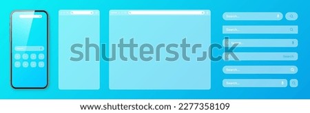 Smartphone, transparent internet browser window with various search bar templates. Web site engine with search box, address bar and text field. Website UI interface elements. Vector illustration