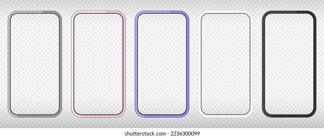 Smartphone transparent screens with different colors. Cellphone displays front view mockup set.