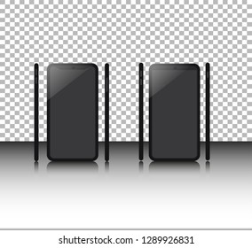  Smartphone with transparent Wallpaper Screen Isolated. Set of Device Mockup Separate Groups and Layers. New Easily Editable Vector