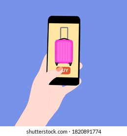 Smartphone with travel luggage and buy button on the screen.  Contactless online purchase of goods using your phone.  Diseases prevention. Home deliVery.​ Vacation,  tourism concept