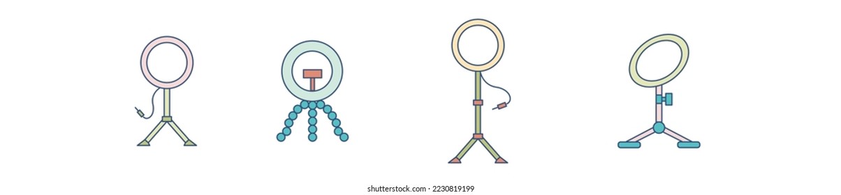 Smartphone tripod modern icon set, ring-light concept, selfie lamp outline flat style vector icons, circle ring light emblems, camera mount symbols isolated on white background