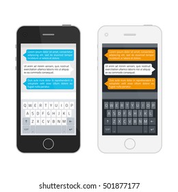 Smartphone in two colors, chatting sms template bubbles. Realistic mobile phone with modern keyboard, alphabet buttons. Vector illustration. 