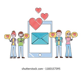smartphone two couples message email love hearts