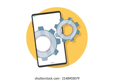 Smartphone with two gears on yellow circle background. mobile update  concept. Flat design style illustration.