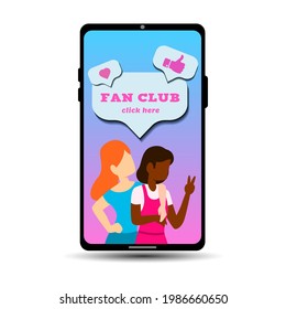Smartphone and two girls fan club, social media, conversation bubble, thumbs up and heart, vector illustration