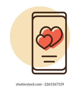 Smartphone con dos corazones en la pantalla aislado icono. Ilustración vectorial, elementos románticos. Pegatina, parche, insignia, tarjeta para el matrimonio, valentina