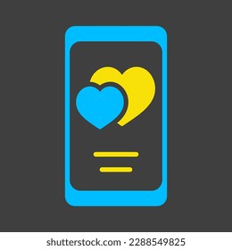 Smartphone with two hearts on the screen isolated glyph on dark background icon. Vector illustration, romance elements. Sticker, patch, badge, card for marriage, valentine