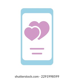 Smartphone con dos corazones en la pantalla aislado icono de glifo. Ilustración vectorial, elementos románticos. Pegatina, parche, insignia, tarjeta para el matrimonio, valentina