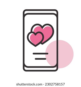 Smartphone with two hearts on the screen isolated icon. Vector illustration, romance elements. Sticker, patch, badge, card for marriage, valentine