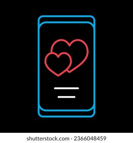 Smartphone with two hearts on the screen isolated on black background icon. Vector illustration, romance elements. Sticker, patch, badge, card for marriage, valentine
