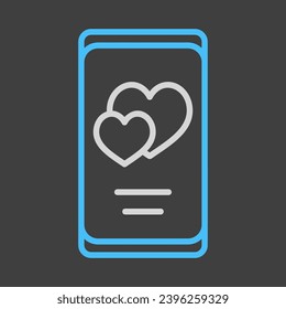 Smartphone with two hearts on the screen isolated on dark background icon. Vector illustration, romance elements. Sticker, patch, badge, card for marriage, valentine