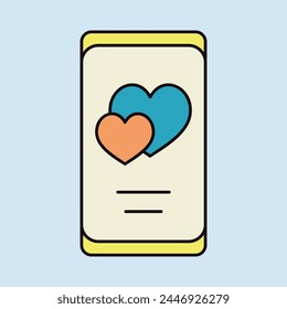 Smartphone con dos corazones en la pantalla icono aislado. Ilustración vectorial, Elementos románticos. Pegatina, parche, placa, tarjeta para el matrimonio, San Valentín