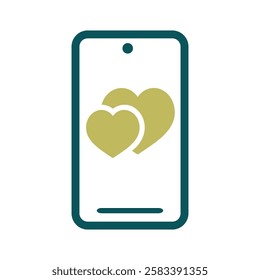Smartphone with two hearts on the screen isolated icon. Vector illustration, romance elements. Sticker, patch, badge, card for marriage, valentine