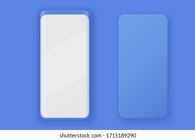 Smartphone two layout presentation mockup in blue color. Example frameless model mobile phone with touchscreen. Project application mockup. Vector Illustration