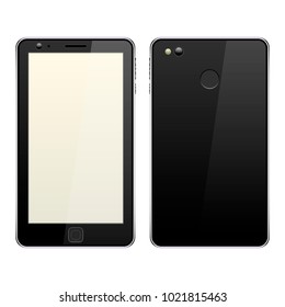 Smartphone, two sides. Front side with a yellow-gray screen, monitor. Backside with camera, flash and touch id. Buttons. Black color, highlights and shadows. Isolated object, white background.