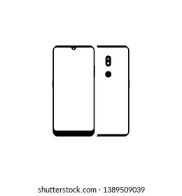 Smartphone, two sides. Front side with a yellow-gray screen, monitor. Backside with camera, flash and touch id. Buttons. Black color, highlights and shadows. Isolated object