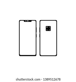 Smartphone, two sides. Front side with a yellow-gray screen, monitor. Backside with camera, flash and touch id. Buttons. Black color, highlights and shadows. Isolated object