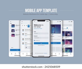 Smartphone UI app. Phone screens for shop application. Mobile interface with account login and shopping cart. Screenshots responsive website mockups.