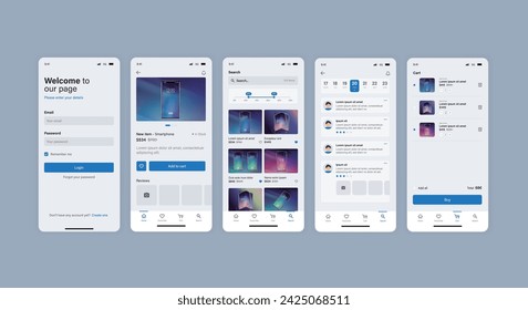 Smartphone UI app. Phone screens for shop application. Mobile interface with account login and shopping cart. Screenshots responsive website mockups.