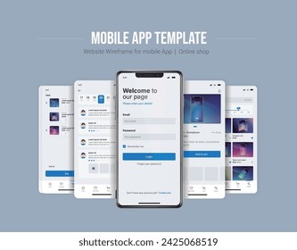 Smartphone UI app. Phone screens for shop application. Mobile interface with account login and shopping cart. Screenshots responsive website mockups.
