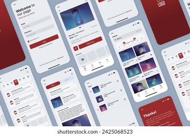 Smartphone UI app. Phone screens for shop application. Mobile interface with account login and shopping cart. Screenshots responsive website mockups.
