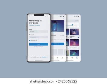 Smartphone UI app. Phone screens for shop application. Mobile interface with account login and shopping cart. Screenshots responsive website mockups.