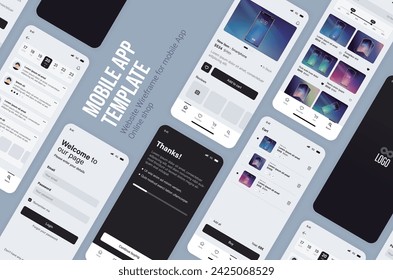 Aplicación de interfaz de usuario para smartphone. Pantallas de teléfono para aplicación de tienda. Interfaz móvil con inicio de sesión de cuenta y carrito de compras. Capturas de pantalla de maquetas web responsivas.