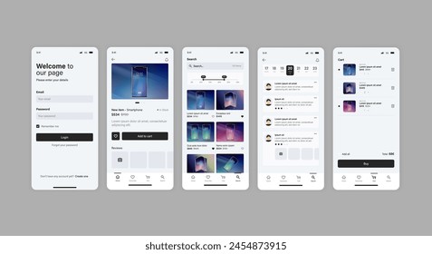 Smartphone UI app. Phone screens for shop application. Mobile interface with account login and shopping cart. Screenshots responsive website mockups.