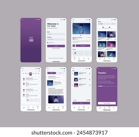 Smartphone UI app. Phone screens for shop application. Mobile interface with account login and shopping cart. Screenshots responsive website mockups.