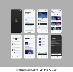 Smartphone UI app. Phone screens for shop application. Mobile interface with account login and shopping cart. Screenshots responsive website mockups.