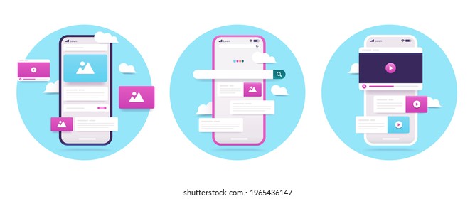 Smartphone ui collection - Set of mobile phone vector illustrations with user interface graphical elements in oval frames. Internet and technology concept.