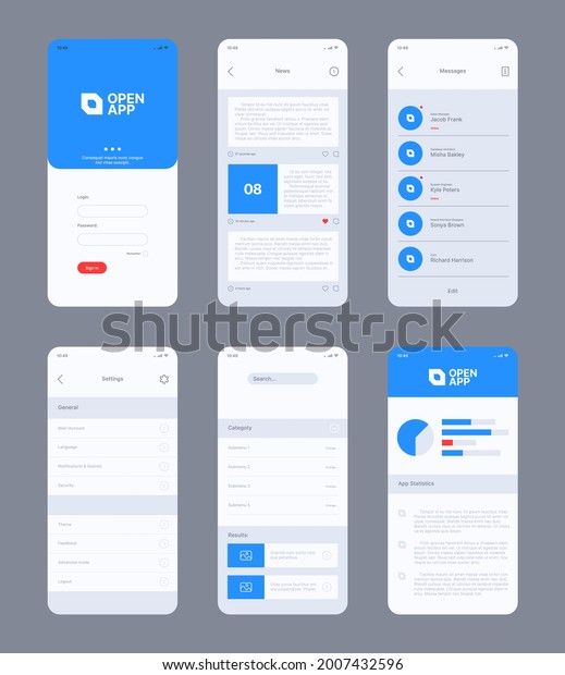 Smartphone ui. Design web frames layout\
template mobile application ui kit buttons dividers preview photos\
garish vector layout with place for personal\
text