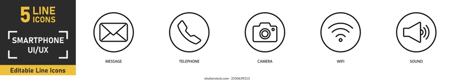 Smartphone UI IX line icon set. Set of 5 outline icons related to message, telephone, camera, wifi, sound and more. Vector illustration.