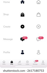 Smartphone UI mockup with bottom menu icons for Home, Shop, Create, Message, and Profile with notification badges and blank space for app interface design.