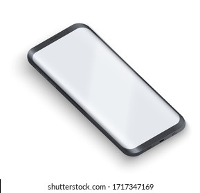 Smartphone UI presentation mockup. Example frameless black model smartphone with touchscreen showcase. Technology application mockup. Vector Illustration isolated on white background.