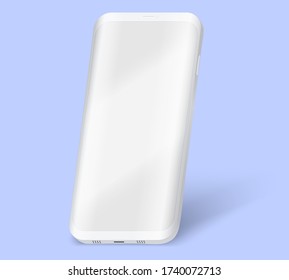 Smartphone UI presentation mockup. Example frameless white model smartphone with touchscreen showcase in perspective. Technology application mockup. Vector Illustration isolated on white background.